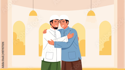 This flat design vector illustration portrays two Muslim men sharing a heartfelt embrace after Eid prayers, symbolizing forgiveness and brotherhood