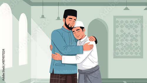 This flat design vector illustration portrays two Muslim men sharing a heartfelt embrace after Eid prayers, symbolizing forgiveness and brotherhood