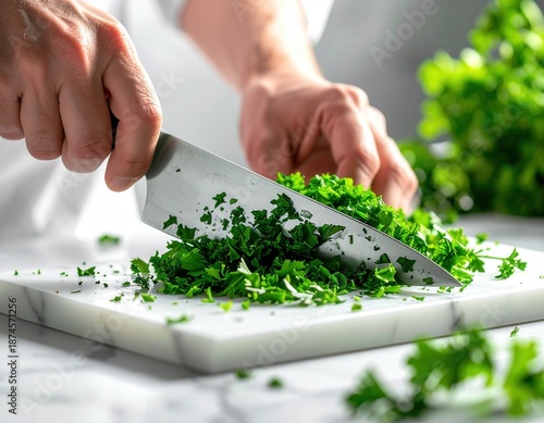 Wallpaper Mural Chef Masterfully Dices Fresh Parsley on Marble Cutting Board in Professional Kitchen Torontodigital.ca