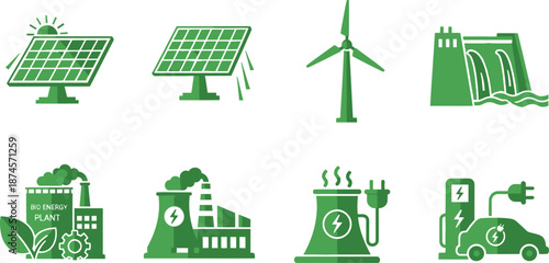 Flat design set of 6 sustainable energy icons solar panel wind turbine hydro dam and geothermal plant