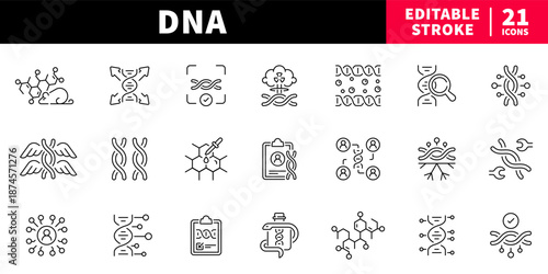 Dna and genetics editable line icons set. molecular and science symbols