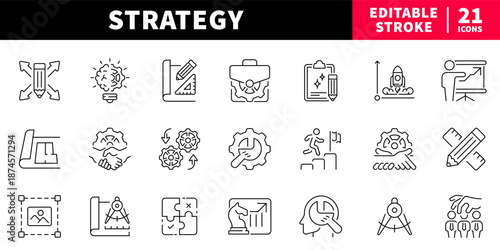 Strategy and planning editable line icons set. business and development
