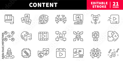 Content creation editable line icons set. media and design symbols