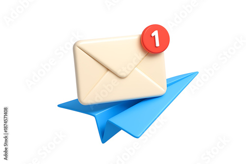 3D Email Envelope Icon with Red Notification Badge Number 1 on Blue Paper Plane Background OR white background