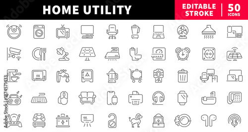 Home utility editable line icons set. appliances and gadgets essentials
