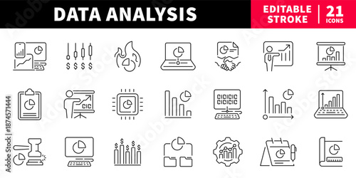 Data analysis editable line icons set. charts and graphs collection