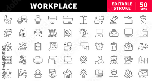 Workplace editable line icons set with office, business, and productivity symbols