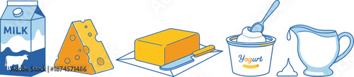 Flat vector set of 6 dairy products milk carton cheese wedge butter block yogurt cup and cream jug