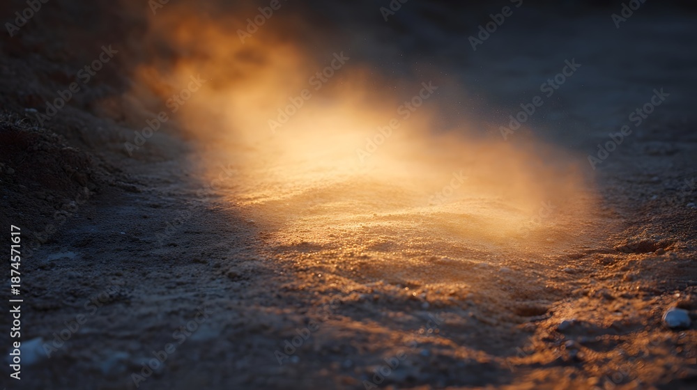 Fototapeta premium Golden dust particles illuminated by a warm sunbeam at dusk
