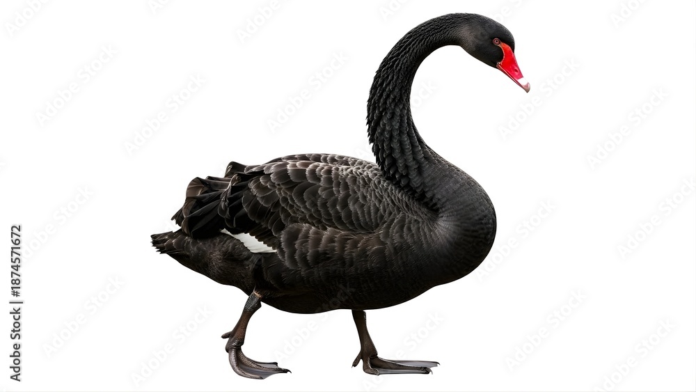 Fototapeta premium A black swan walking on a transparent background with its distinctive red beak and sleek feathers