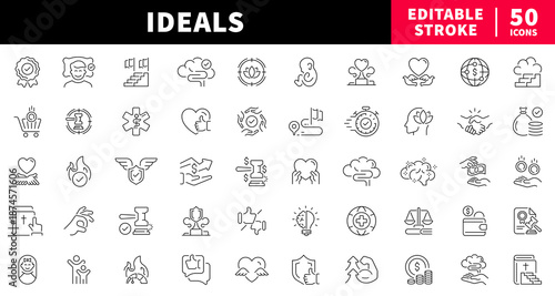Ideals editable line icons set. linear outline symbols, values, principles, ethics