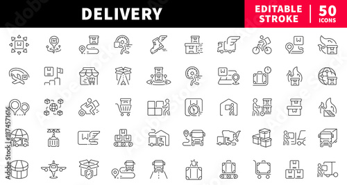Delivery editable line icons set for shipping and courier services