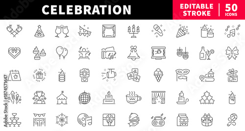 Celebration editable line icons set: party and festive designs in outline style