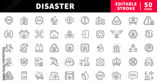 Disaster response editable line icons set. emergency, safety symbols