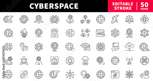 Cybersecurity editable line icons set. digital and internet symbols