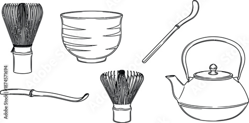 Line art vector set of 6 tea ceremony items matcha whisk bowl spoon tea scoop and kettle