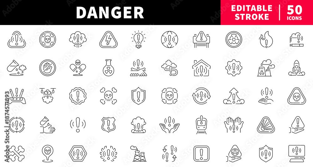Φωτογραφία Danger editable line icons set. warning and hazard symbols