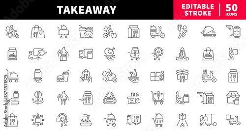Takeaway editable line icons set. food and delivery symbols