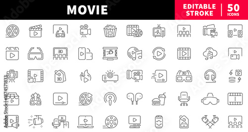 Movie editable line icons set. cinema and film graphics