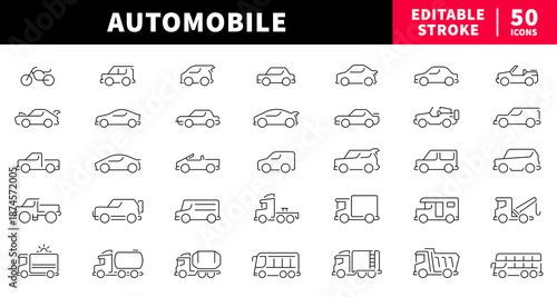 Automobile editable line icons set. vehicle and transport symbols