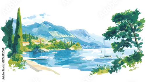 Lake Geneva. Lake Geneva watercolor vector illustration