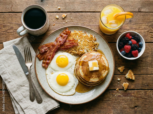 Slika na platnu Classic American Breakfast Flat Lay with Pancakes, Sunny Side Up Eggs, Bacon and