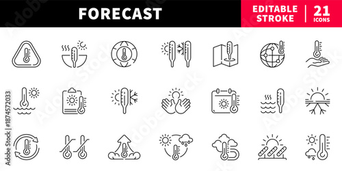 Weather and forecast editable line icons set. temperature and climate
