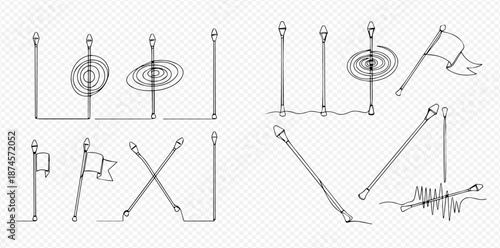 Set of hand-drawn golf flag and hole illustrations in various positions and styles for graphic design.