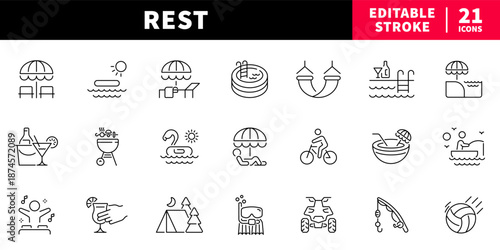 Rest and relaxation editable line icons set. vacation and leisure symbols