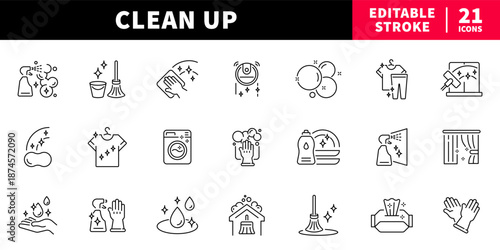 Cleaning and hygiene editable line icons set. sanitation and tidiness
