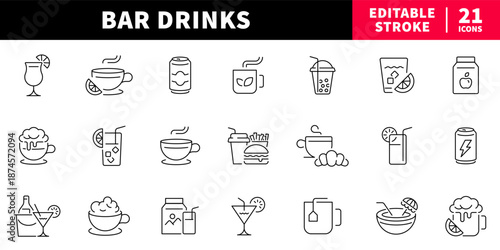 Bar drinks editable line icons set. beverage and cocktail symbols