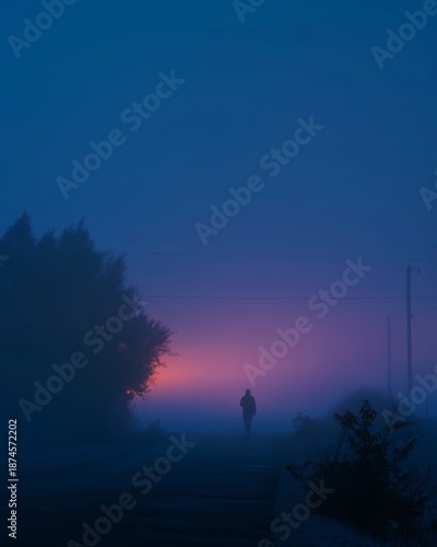 Wallpaper Mural A solitary figure walks into a foggy horizon bathed in purple hues. Torontodigital.ca