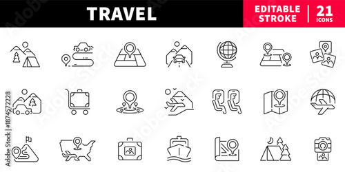 Travel editable line icons set: vacation and trip symbols
