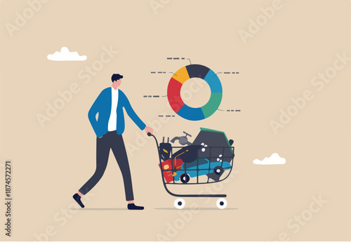 Expense planning, living cost or budget management, debt, bills or credit card payment, personal finance concept, young man with house, car, credit card, education and utilities cost in shopping cart.
