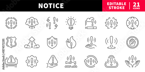Notice editable line icons set. Attention and alert symbols