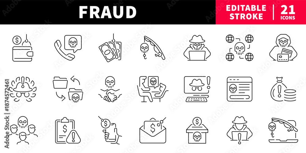 Fototapeta premium Fraud and security editable line icons set. scam and protection symbols