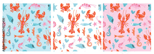 Sea animals seamless pattern set with lobster, fish, shells and seahorse. Hand drawn marine life designs in naive style.
