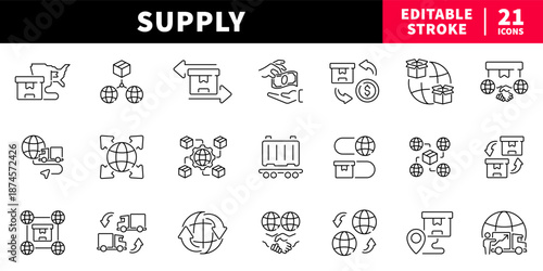Supply and delivery editable line icons set. shipping and logistics symbols