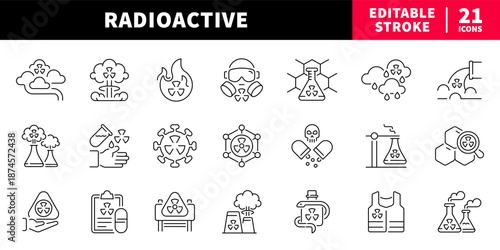Radioactive editable line icons set. hazard and safety symbols