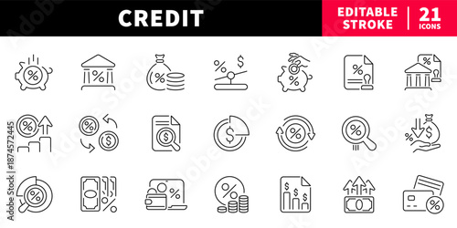 Credit and finance editable line icons set. money and banking symbols