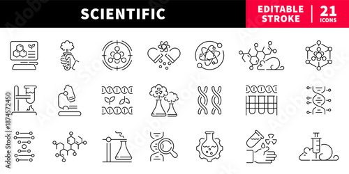 Science and research editable line icons set. chemistry and biology symbols