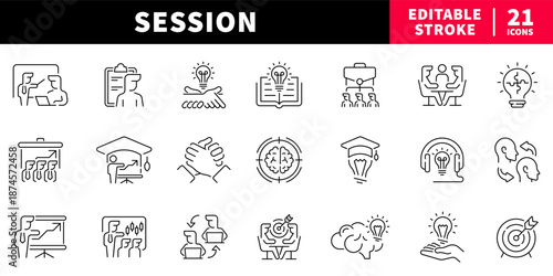 Business and education editable line icons set. workshop and seminar graphics