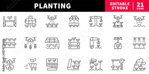 Planting editable line icons set. gardening and farming visuals