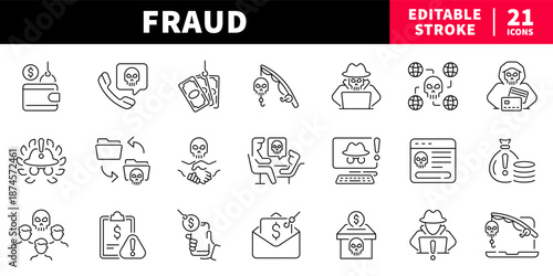 Fraud and security editable line icons set. scam and protection symbols