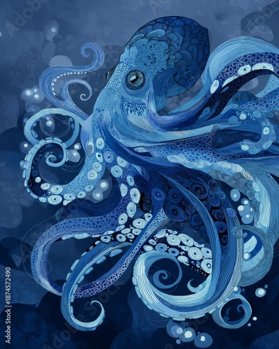 Wallpaper Mural A detailed illustration of an octopus in shades of blue and white. Torontodigital.ca