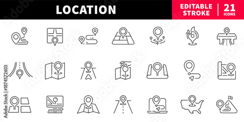 Location editable line icons set. map and navigation symbols