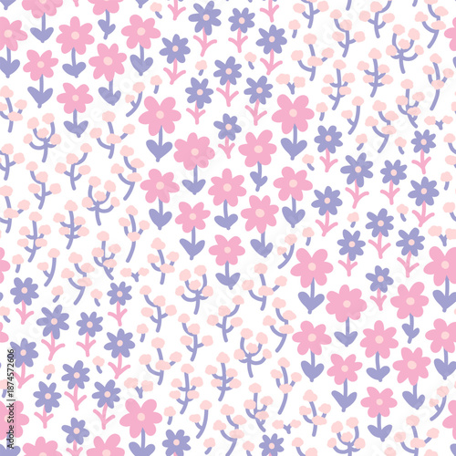 Abstract cute hand drawn floral seamless pattern. Doodle pink and purple daisy flowers on white background.