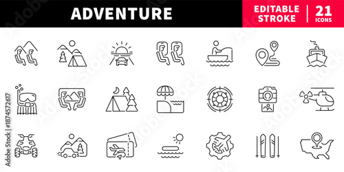 Adventure editable line icons set. travel and exploration symbols