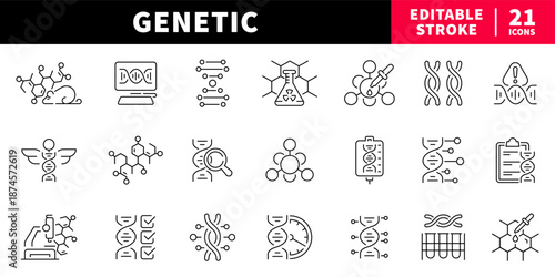 Genetic research editable line icons set. dna and science symbols