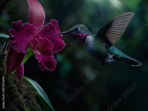 Wallpaper Mural A hummingbird approaches a pink flower, seeking nectar in the garden. Torontodigital.ca